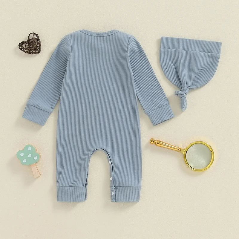 Baby Boys Romper Letter Print Long Sleeve Crew Neck Ribbed Jumpsuit With Hat