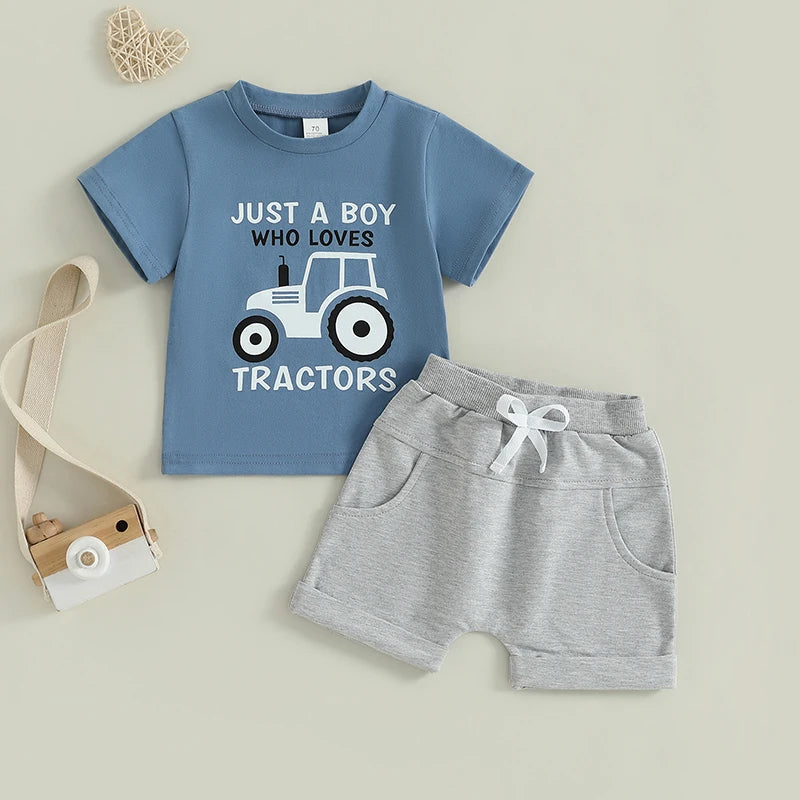 Toddler Boy Summer Outfits Tractor Letter Print Round Neck Short Sleeve Tops with Solid Shorts Outfit