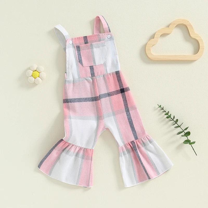 Little Girl Plaid Overalls Casual Square Neck Sleeveless Bell Bottom Jumpsuit for Fall