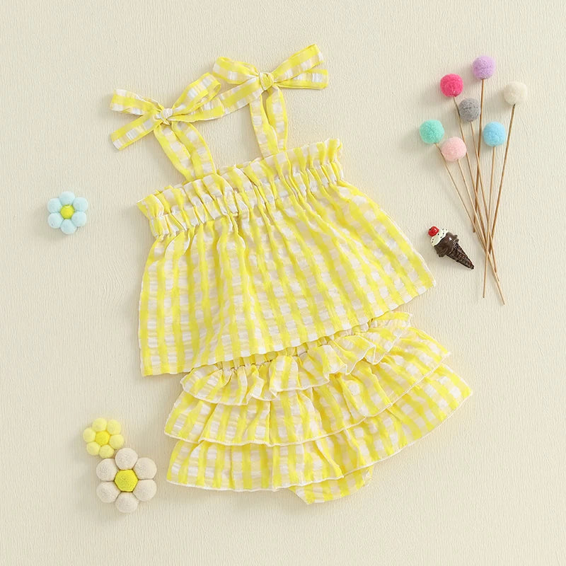 Baby Girl Summer Outfit Plaid Tie-Up Straps Sleeveless Tank Tops Elastic Waist Shorts 2Pcs Clothes Set