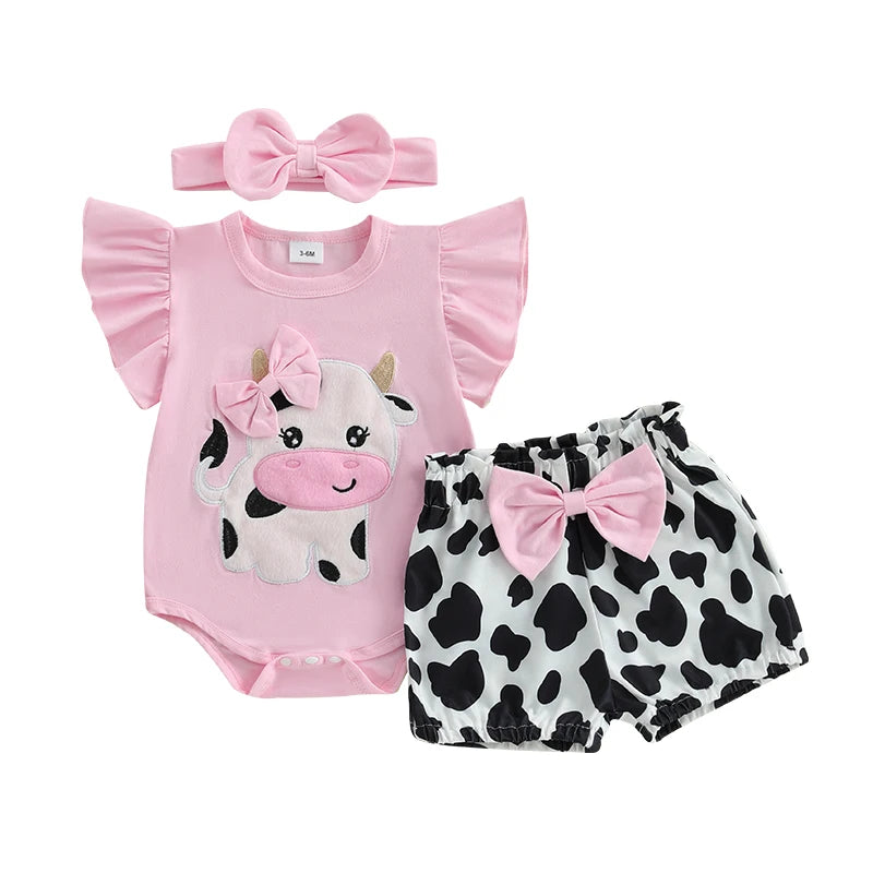 Baby Girls Shorts Set Short Sleeve Bear Cow Romper Elastic Waist Shorts with Hairband