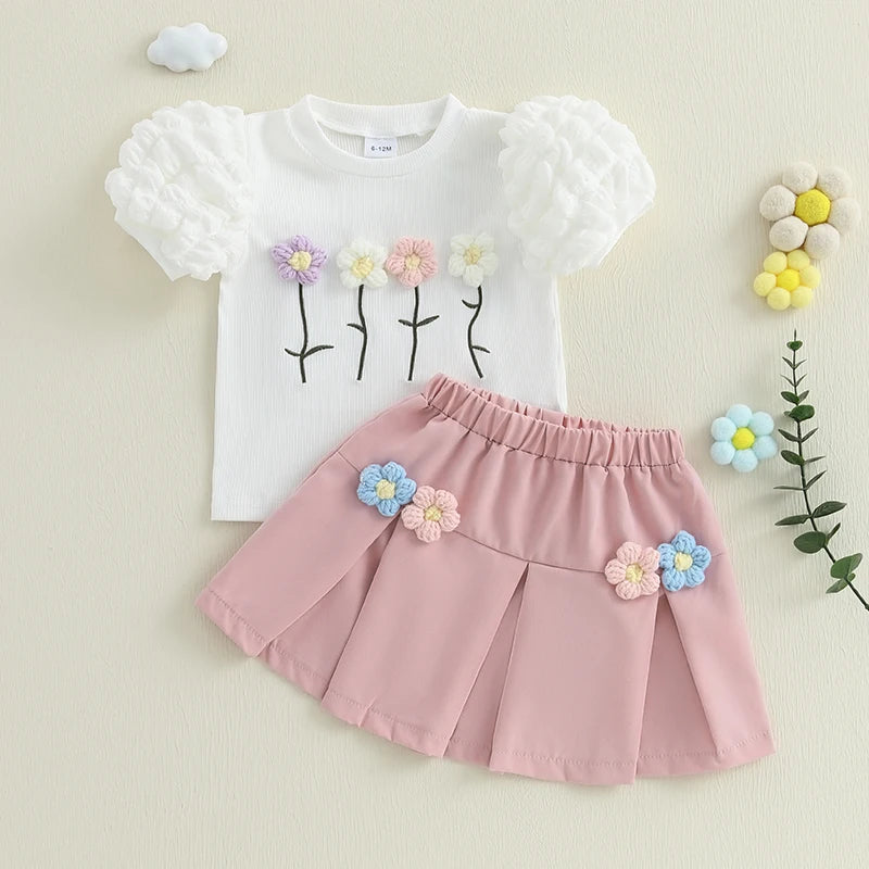 Girls Summer Outfits Crochet Flowers Puff Short Sleeve T-Shirt and Elastic A-Line Skirt Set Toddler Clothes