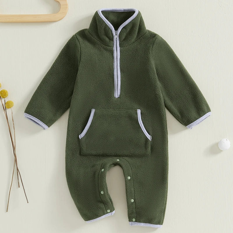 Baby Boys Fleece Long Sleeve Plush Zip Up Romper With Pockets