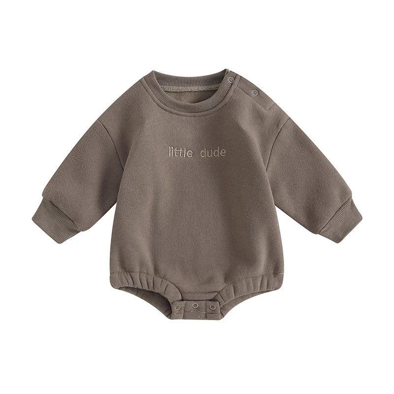 Baby Boys Sweatshirt Bodysuit Long Sleeve Round Neck Letter Embroidery "Little Dude" Bodysuit