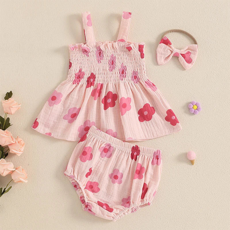 Baby Girl Summer Clothes Floral Print Suspender Smocked Tank Tops + Elastic Waist Shorts + Bow Headband 3Pcs Set