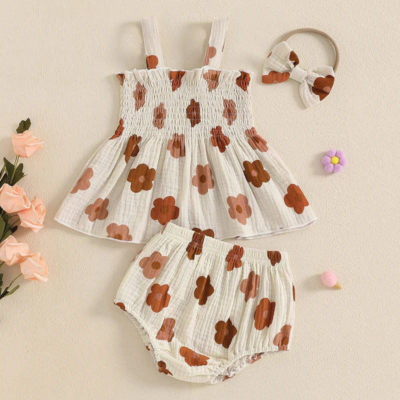 Baby Girl Summer Clothes Floral Print Suspender Smocked Tank Tops + Elastic Waist Shorts + Bow Headband 3Pcs Set