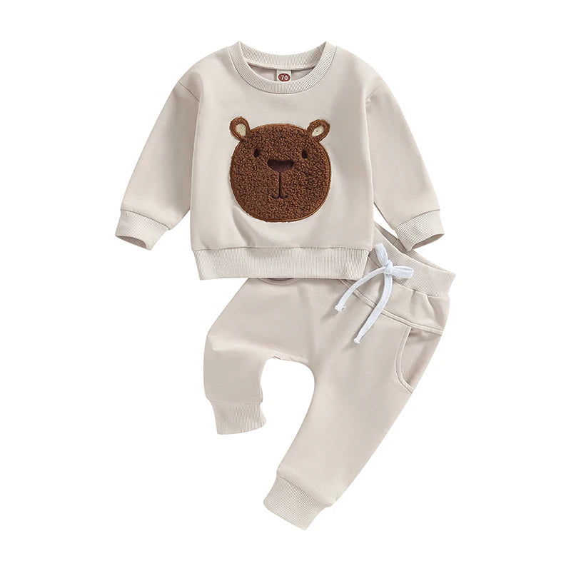 Toddler Baby Boy Girl 2Pcs Fall Outfits Long Sleeve Bear Embroidery Tops Pocket Pants Set