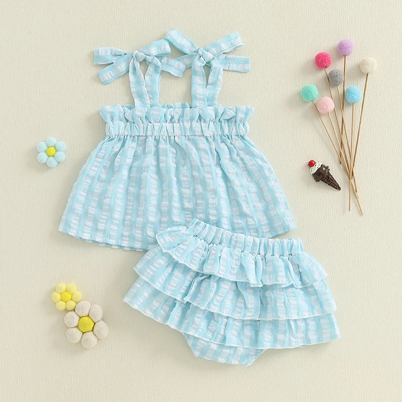 Baby Girl Summer Outfit Plaid Tie-Up Straps Sleeveless Tank Tops Elastic Waist Shorts 2Pcs Clothes Set