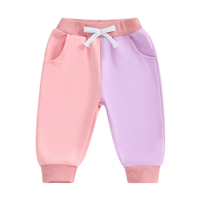 Little Kids Contrast Color Pants Pocket Drawstring Elastic Waistband Fall Long Trousers