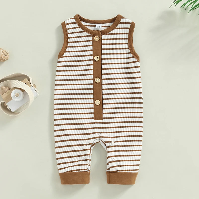 Infant Baby Girls Boys Romper Stripe Sleeveless Crew Neck Buttons Snap Closure Jumpsuits Summer Jumpsuit