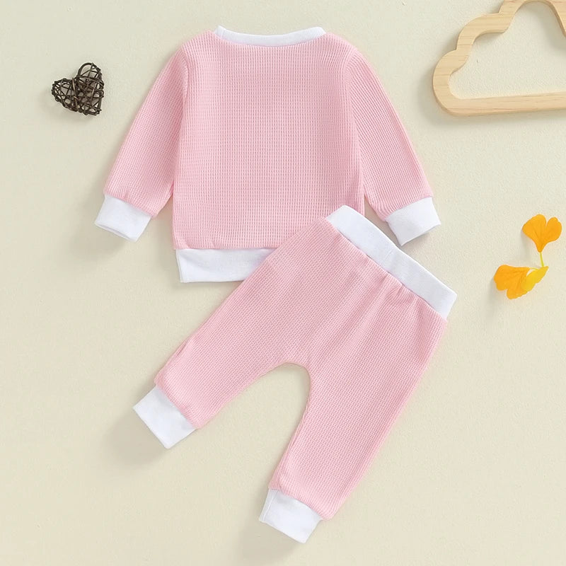 Toddler Girl Fall Outfits Bowknot Print Crew Neck Long Sleeve Waffle Sweatshirts and Long Pants 2Pcs Set