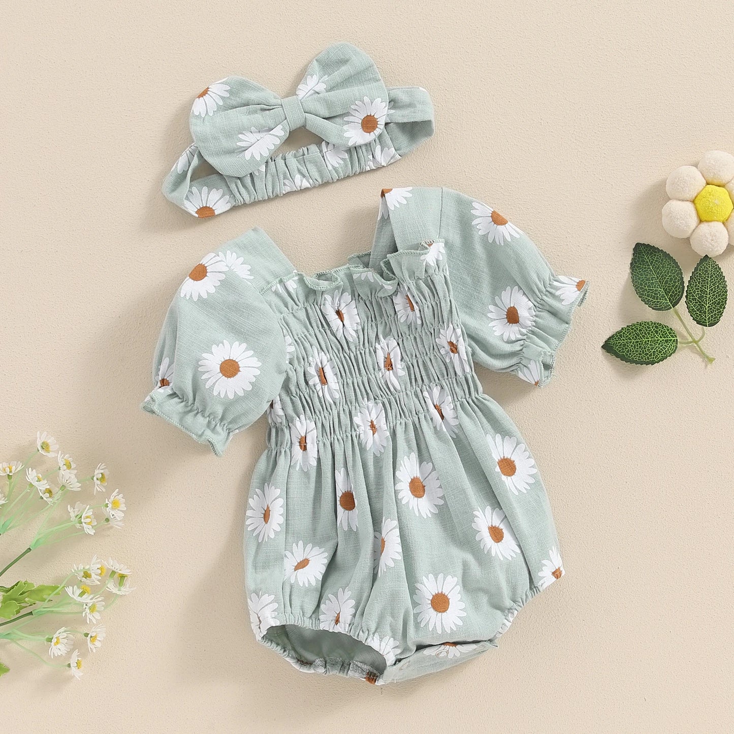 Baby Girl 2Pcs Summer Outfits Short Sleeve Daisy Print Smocked Romper with Headband Set Newborn Clothes