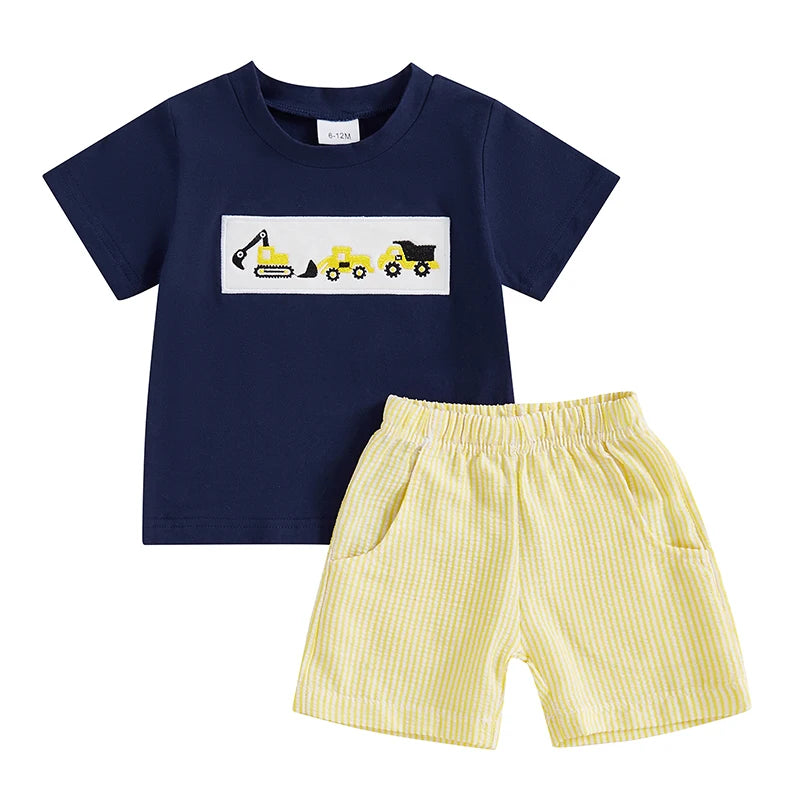 Toddler Baby Boy Shorts Set Tractor Embroidery Short Sleeve T-shirt Striped Shorts 2Pcs Summer Outfit
