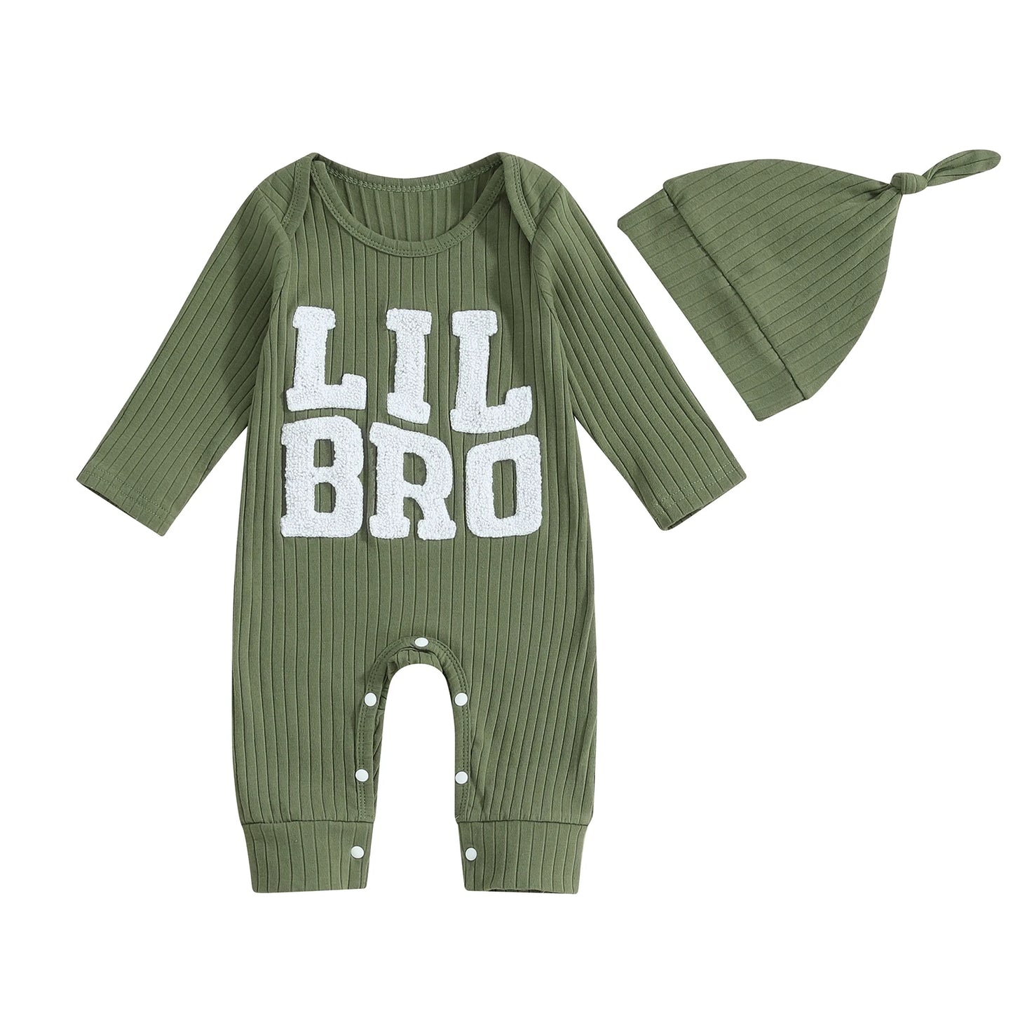 Baby Boy Jumpsuit and Hat Set Long Sleeve Round Neck "Lil Bro" Letter Print Ribbed Romper with Cap Outfit