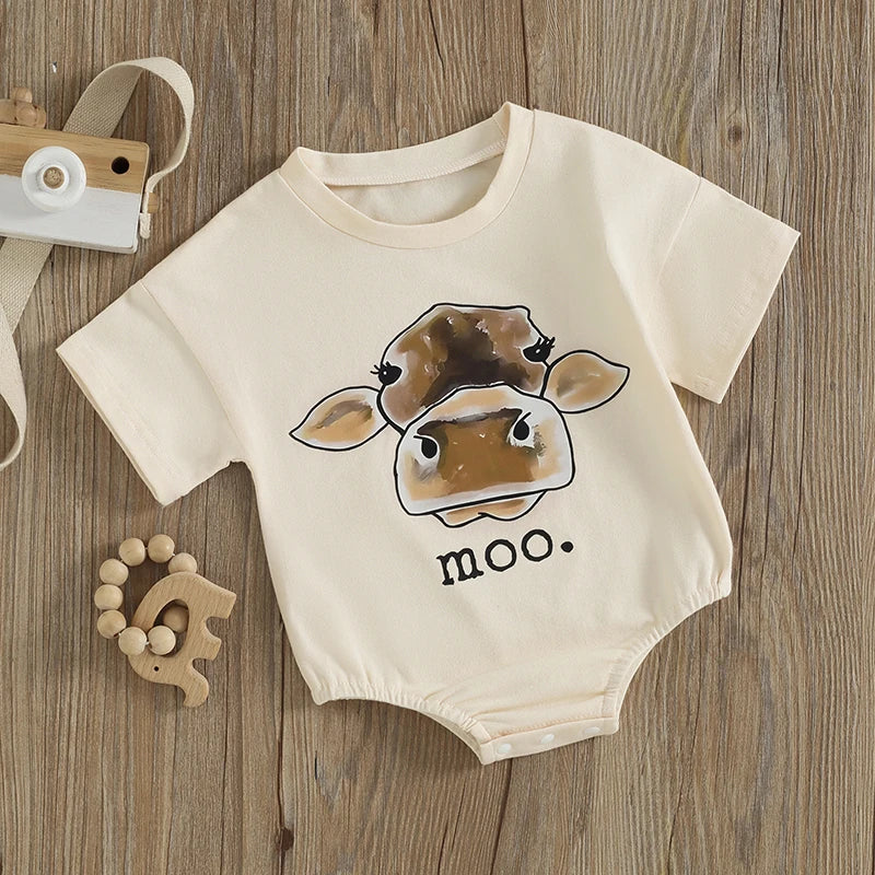 Baby Short Sleeve Crew Neck Cow Head "Moo" Print Bodysuit