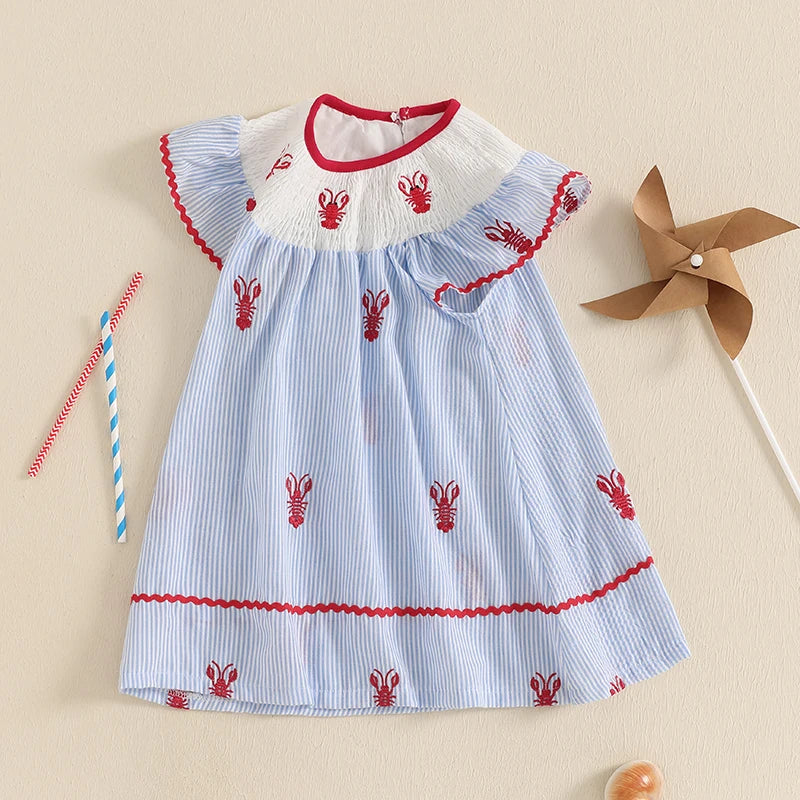 Girls Summer Casual Mini Dress Lobster Embroidery Striped Print Ruffles O-neck Party A-line Dress