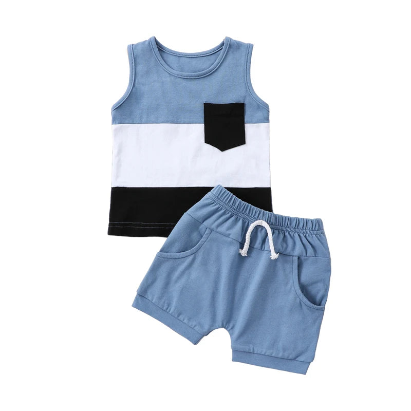 Toddler Boys 2Pcs Summer Outfit Sets Sleeveless Contrast Tank Tops Solid Drawstring Shorts