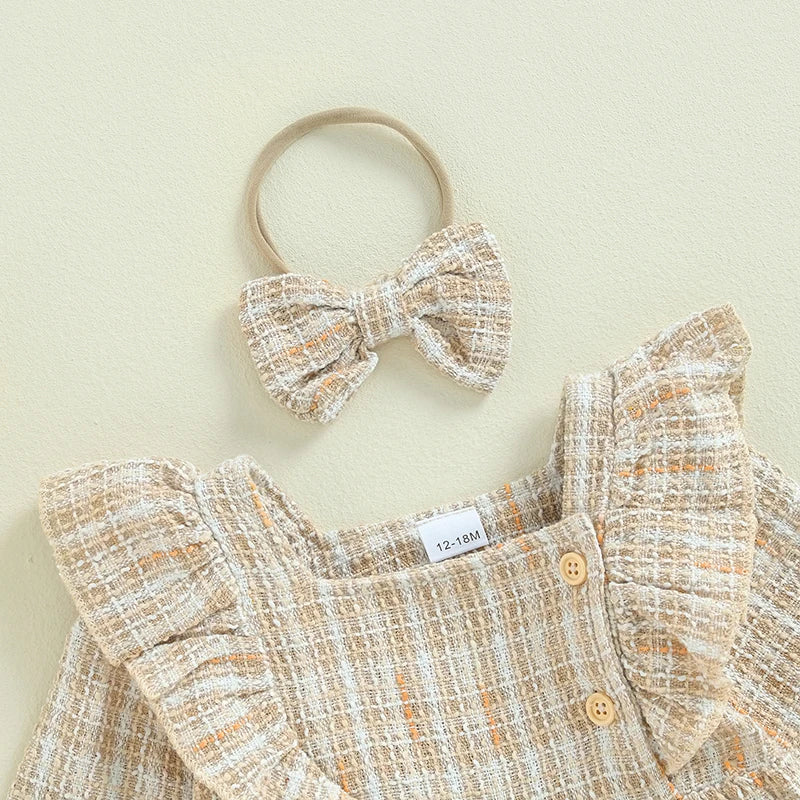 Toddler Girls Dress Square Neck Ruffles Buttons Long Sleeve Casual Fall Princess Dress with Headband