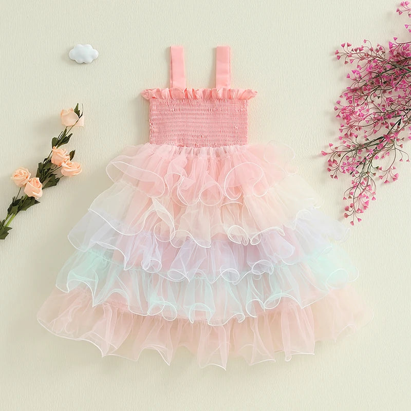 Baby Kids Girls Slip Dress Sleeveless Contrast Color Layered Summer A-line Dress Tulle Princess Dress