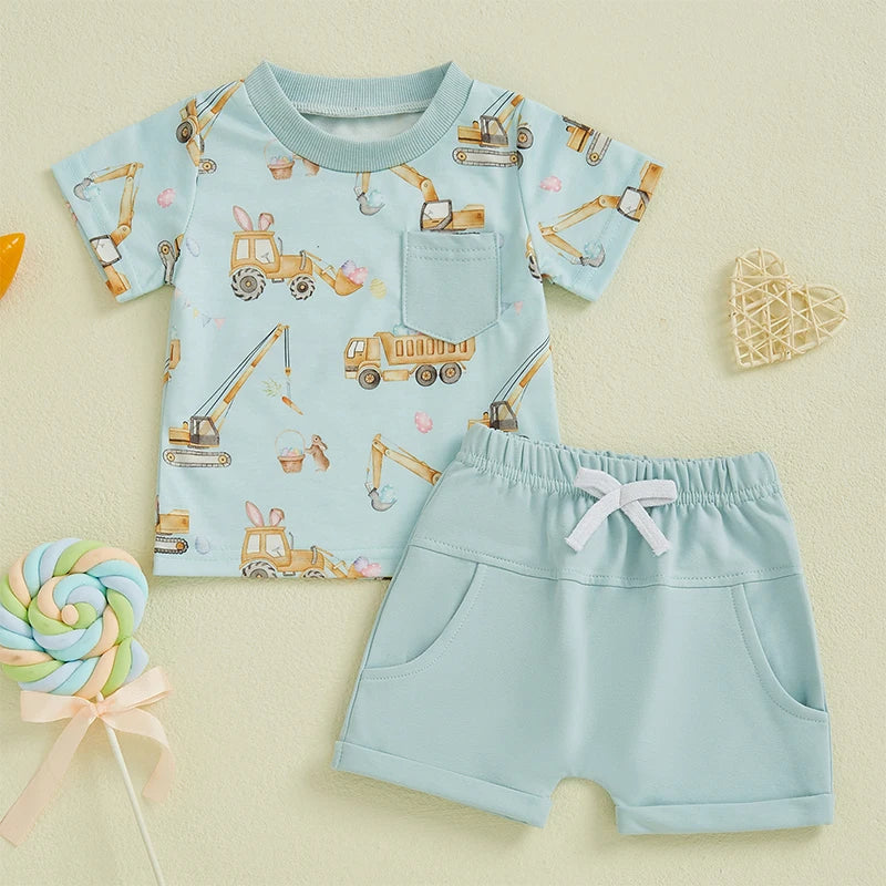 Toddler Boy Summer Outfits Excavator Print Round Neck Short Sleeve Tops with Elastic Waist Shorts Outfit