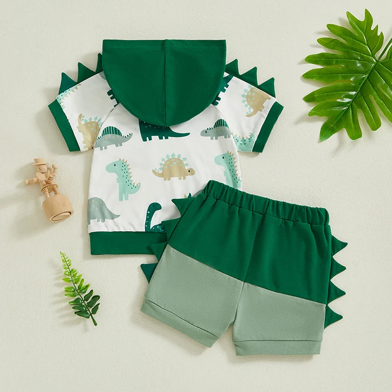 Toddler Baby Boy Summer Outfits Short Sleeve Dinosaur Print Hooded Tops+Shorts Set Clothes