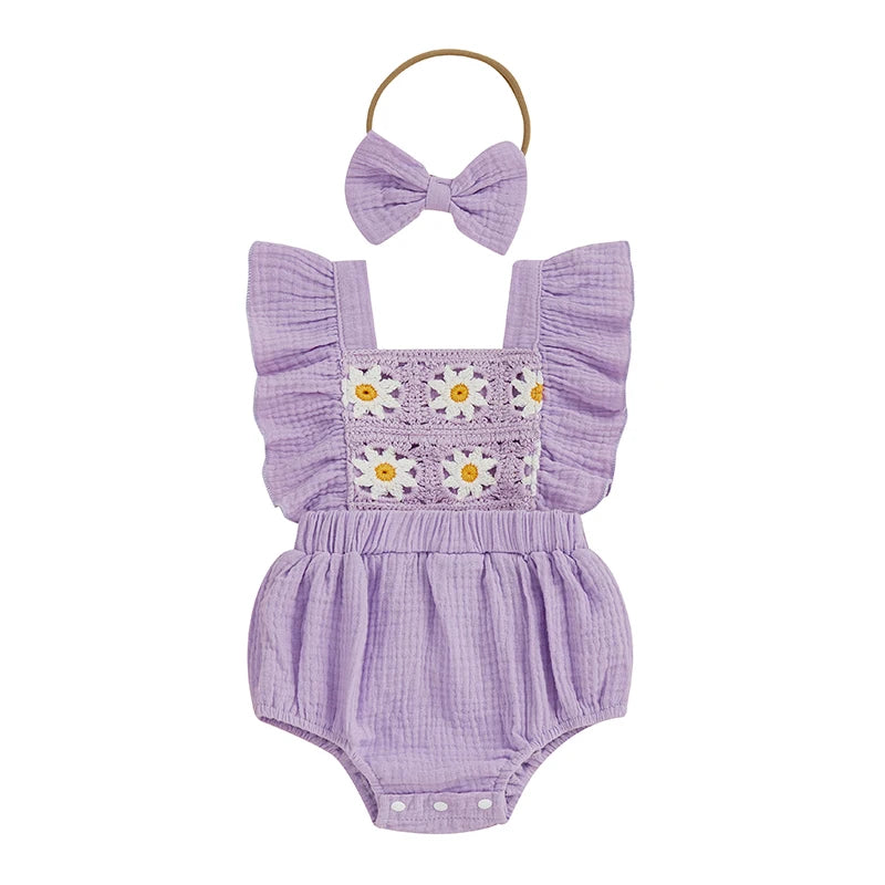 Summer Baby Girl Crochet Flower Romper Flying Sleeve Bodysuit with Bow Headband Outfit