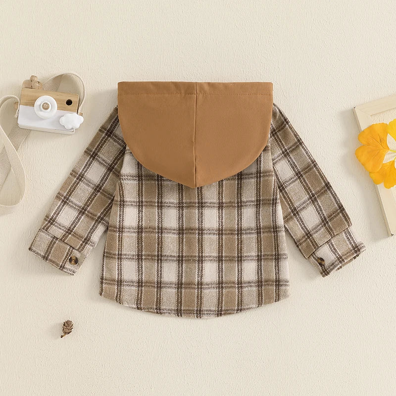 Toddler Baby Boys Plaid Pocket Button Long Sleeve Hooded Cardigan Jackets Tops Outwear