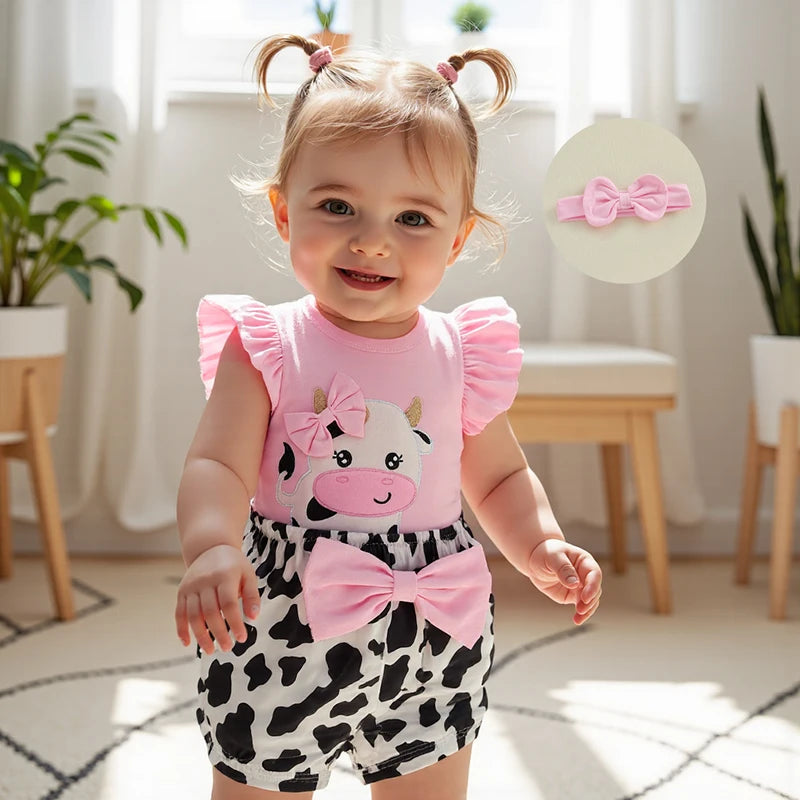 Baby Girls Shorts Set Short Sleeve Bear Cow Romper Elastic Waist Shorts with Hairband