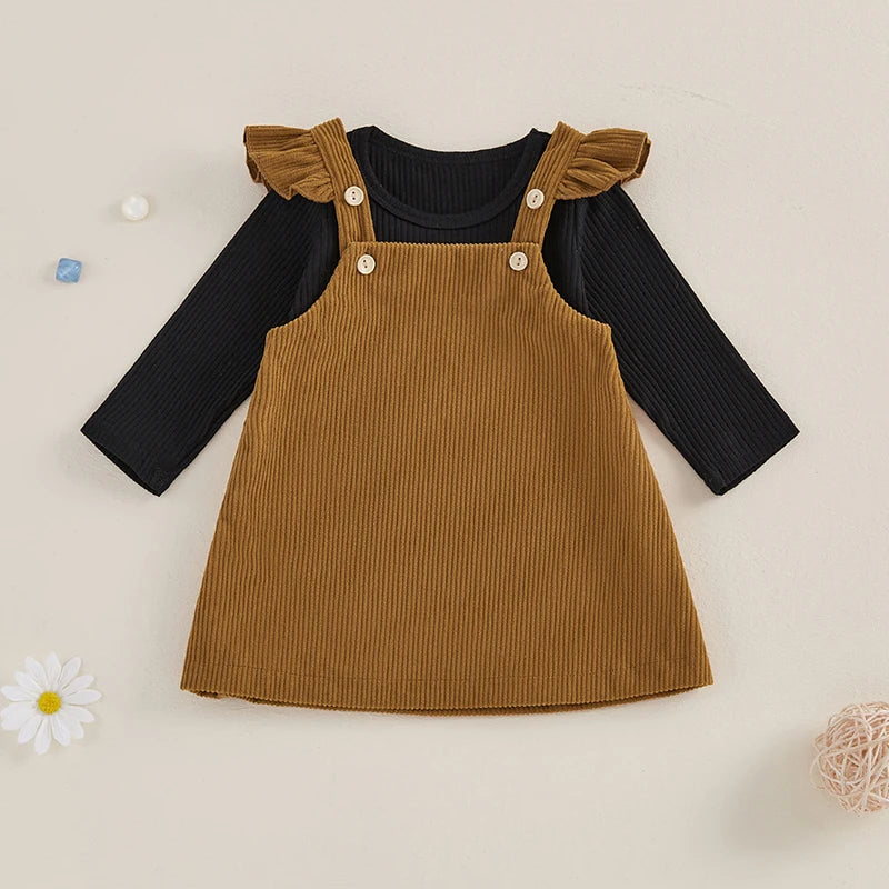 Newborn Baby Girls 2Pcs Fall Outfits Long Sleeve Ribbed Romper + Corduroy Overall Dress Set Clothes