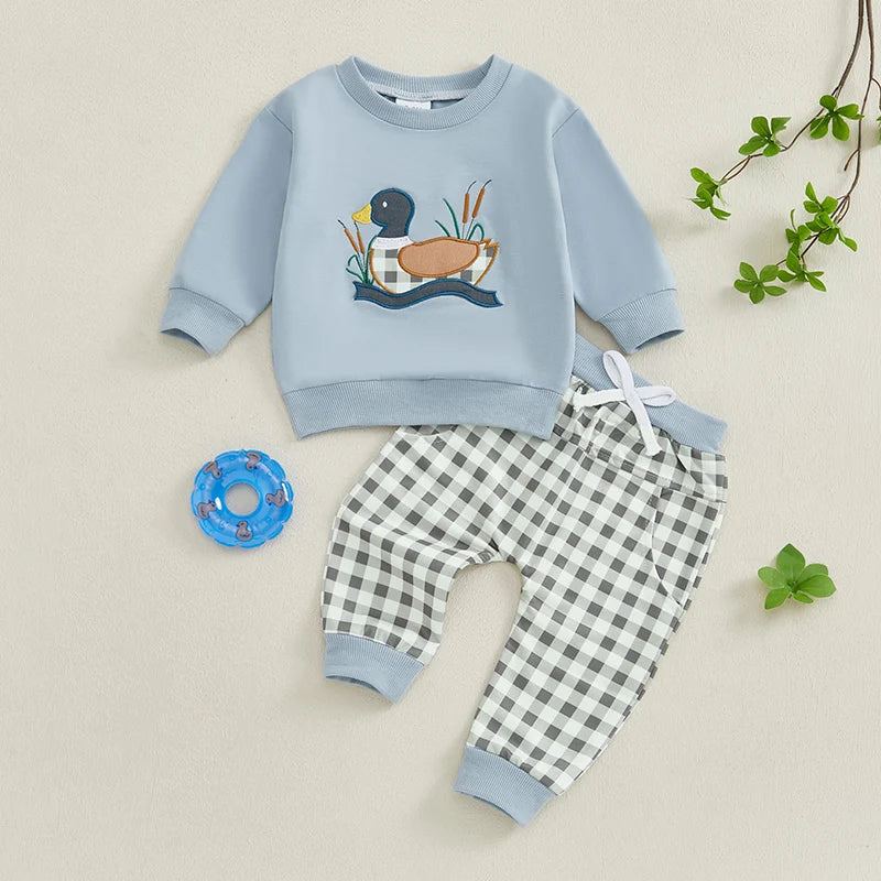 Toddler Baby Boy Girl Duck Clothes Long Sleeve Sweatshirt Plaid Elastic Waist Long Pants Outfit