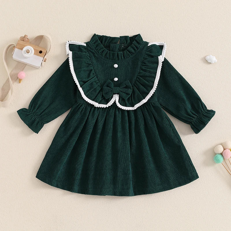 Autumn Spring Little Girl Corduroy Dress Mock Neck Ruffled Long Sleeve Bow Decor A-Line Dress