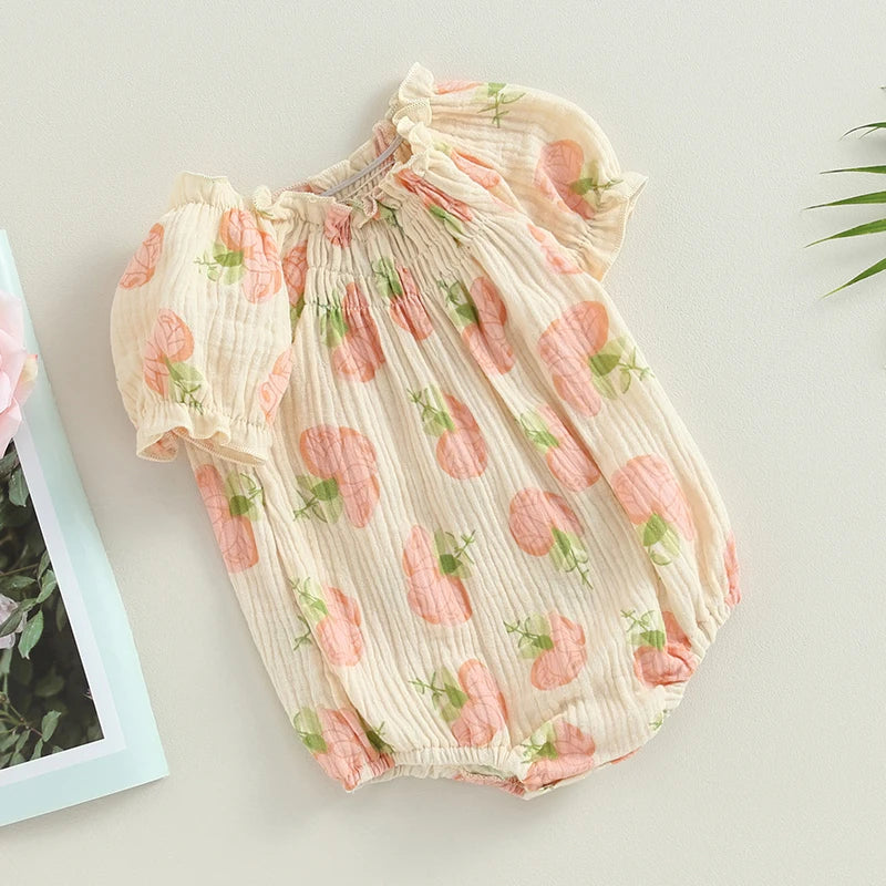 Infant Baby Girls Bodysuit Flower Print Short Puff Sleeve Newborn Jumpsuits 2 Styles Summer Clothes