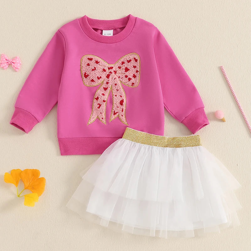 Girl Fall Outfit Bow Embroidery Long Sleeve Sweatshirt with A Line Tulle Skirt