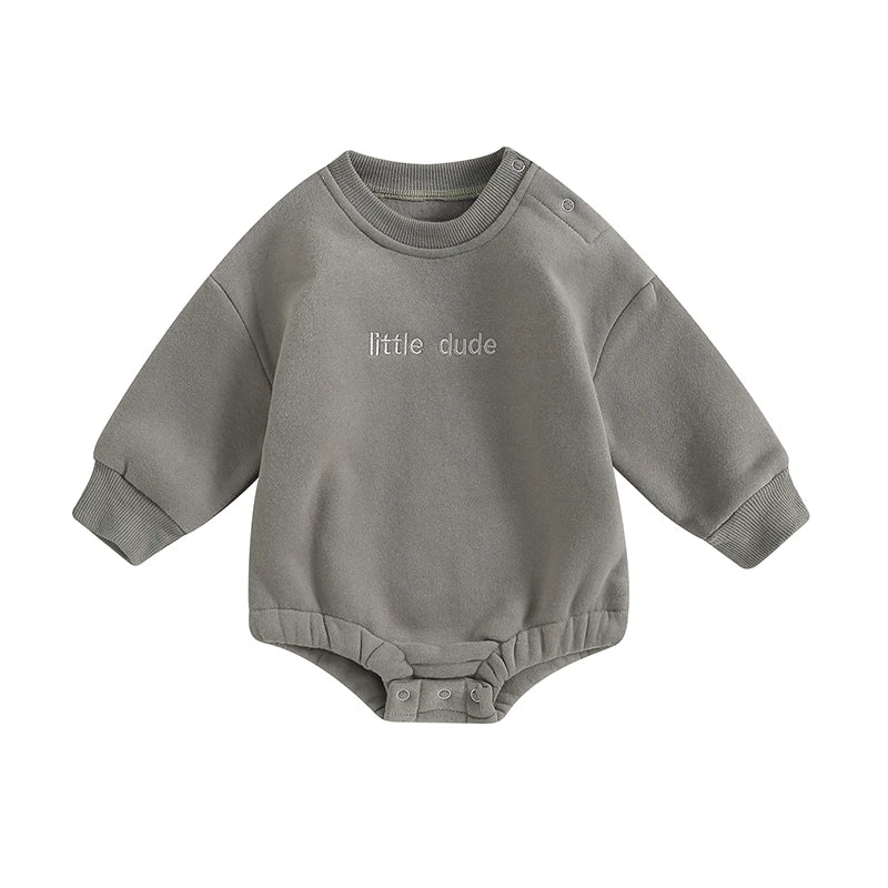 Baby Boys Sweatshirt Bodysuit Long Sleeve Round Neck Letter Embroidery "Little Dude" Bodysuit