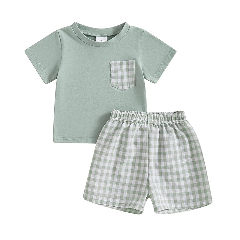 Toddler Boy Summer Outfits Pocket Round Neck Short Sleeve Tops with Plaid Pattern Shorts Outfit