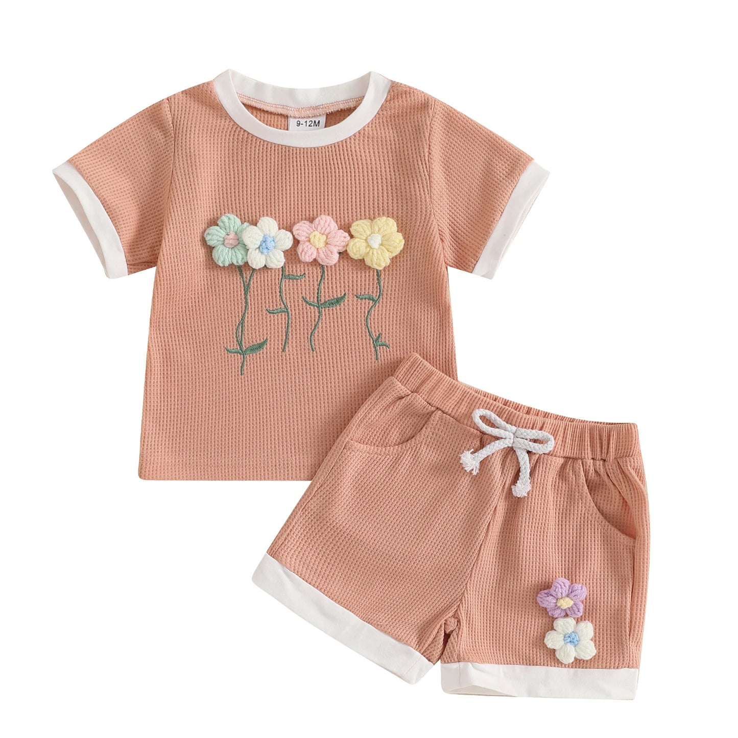 Toddler Girl Summer Waffled Clothes 3D Flower Short Sleeve Round Neck Tops Elastic Waist Shorts Outfit