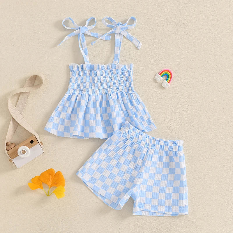 Toddler Baby Girl Summer Clothes Plaid Print Smocked Camisole + Elastic Waist Shorts 2Pcs Set