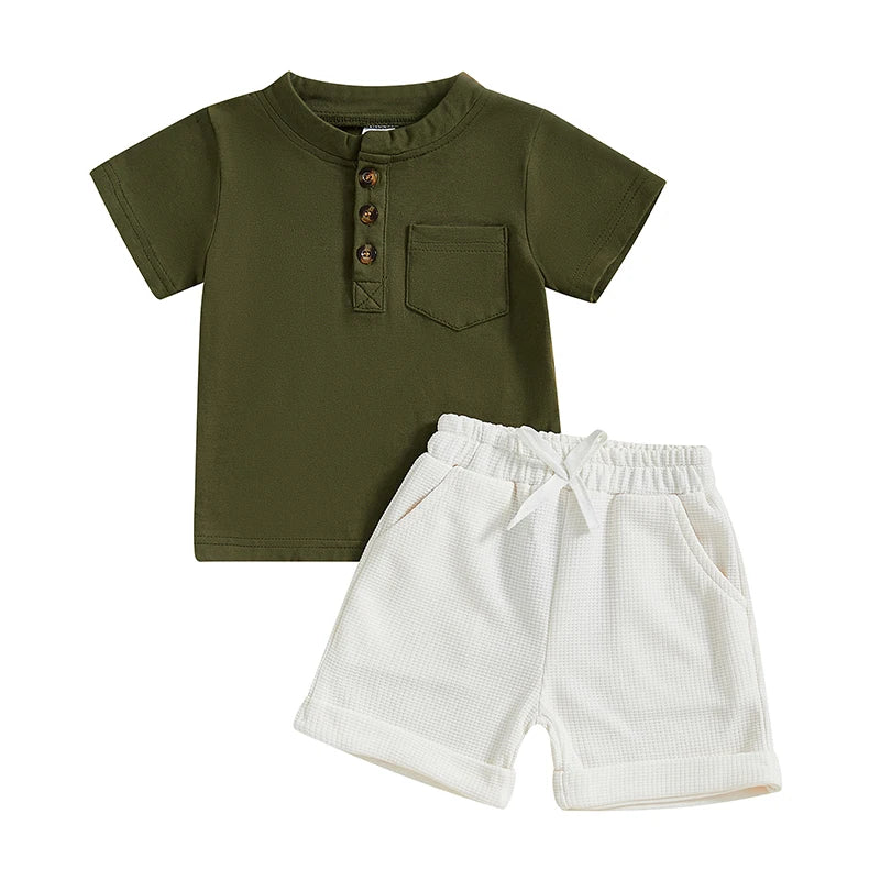 Summer Toddler Boys Shorts Sets Short Sleeve O Neck Button Up Tops and Solid Color Shorts Set