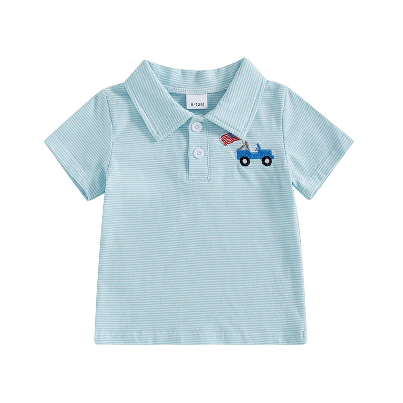 Toddler Baby Boy Embroidered Striped Collared Short Sleeve Summer Polo Top