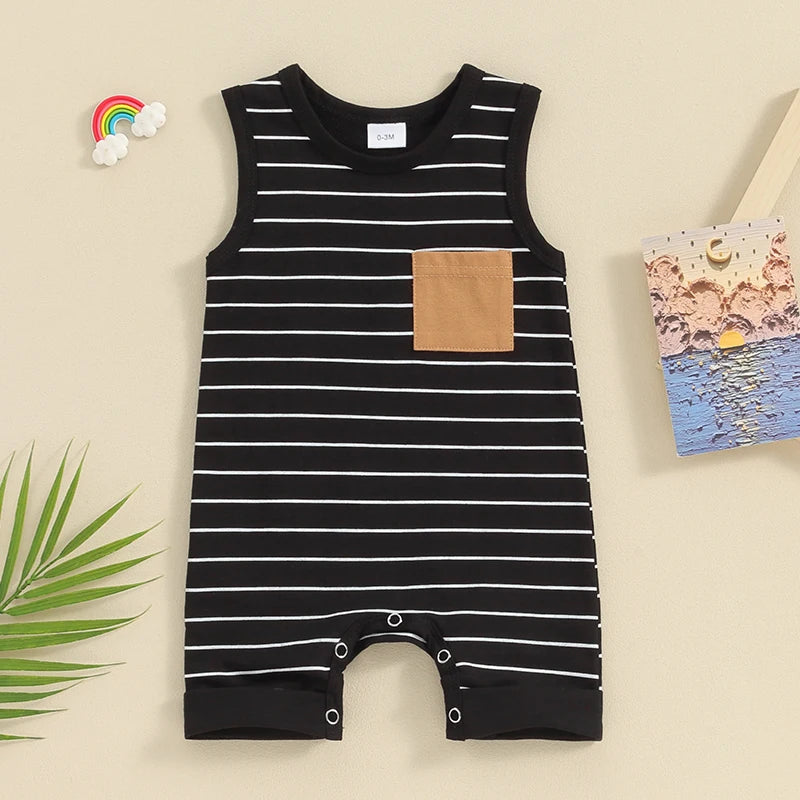 Summer Newborn Baby Boys Rompers Clothing Striepd Print Sleeveless Pocket Jumpsuits Long Pants Baby Overalls