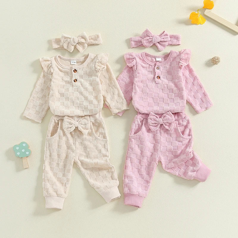 Baby Girls Set Checkered Button Long Sleeve Round Neck Ruffled Romper Bow Long Pants Hair Band Outfits