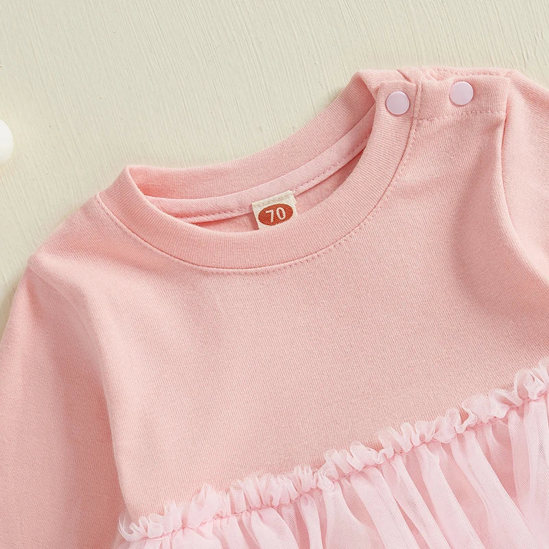Toddler Baby Girl Fall Dress Solid Color Round Neck Long Sleeve A-line Tulle Princess Dresses