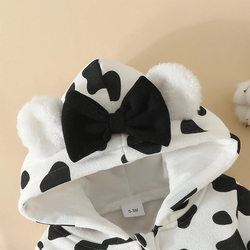 Newborn Baby Girls Boys Romper Fleece Footie Long Sleeve Hooded Zipped Heart Cow Pattern Jumpsuit