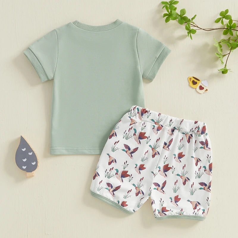 Toddler Baby Boys Summer Outfits Duck Embroidery Short Sleeves T-Shirt and Elastic Camouflage Shorts Clothes Set