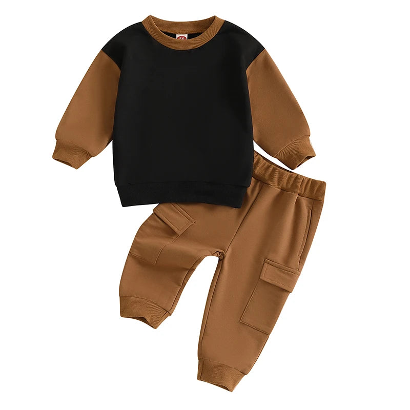 Toddler Baby Boy 2Pcs Outfit Long Sleeve Contrast Color Sweatshirt + Cargo Pants Set Clothes