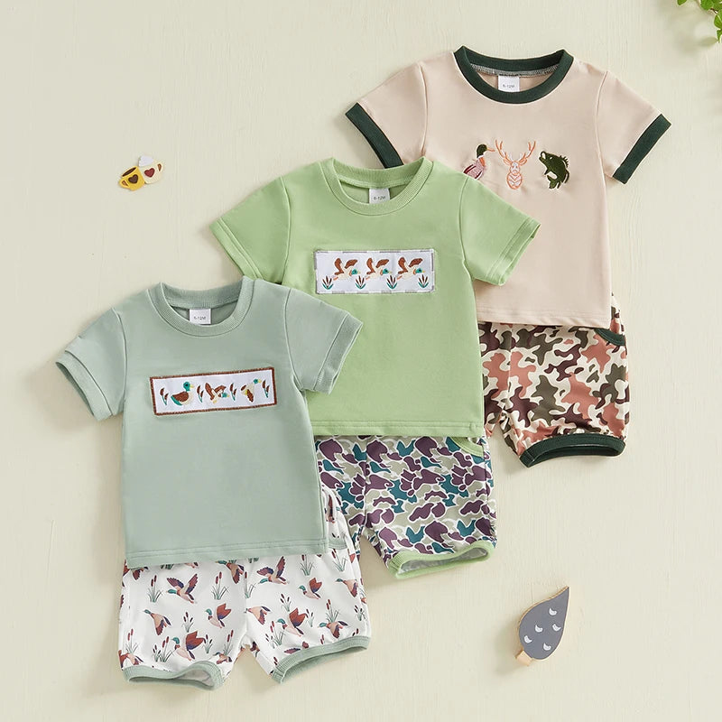 Toddler Baby Boys Summer Outfits Duck Embroidery Short Sleeves T-Shirt and Elastic Camouflage Shorts Clothes Set