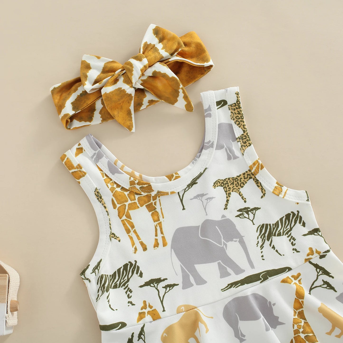 3PCS Baby Girls Summer Outfits Animal Print Ruffle Tank Tops Shorts Headband Set