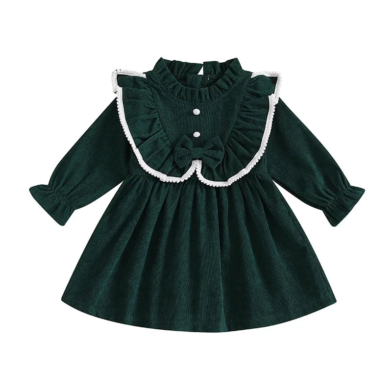 Autumn Spring Little Girl Corduroy Dress Mock Neck Ruffled Long Sleeve Bow Decor A-Line Dress
