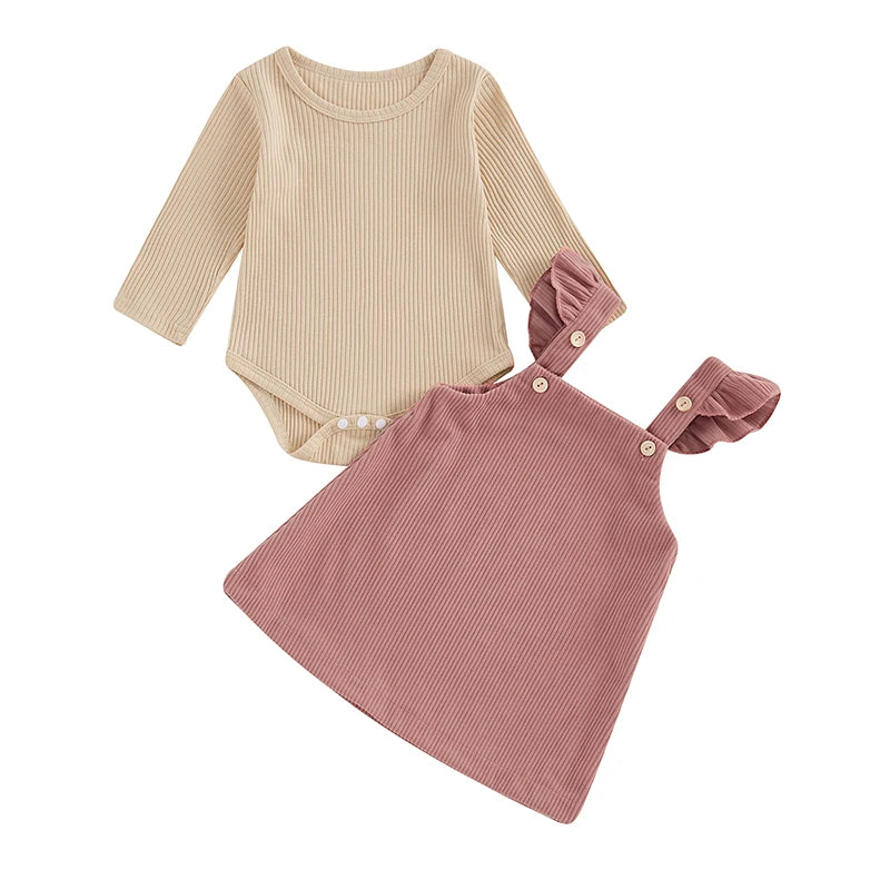 Newborn Baby Girls 2Pcs Fall Outfits Long Sleeve Ribbed Romper + Corduroy Overall Dress Set Clothes