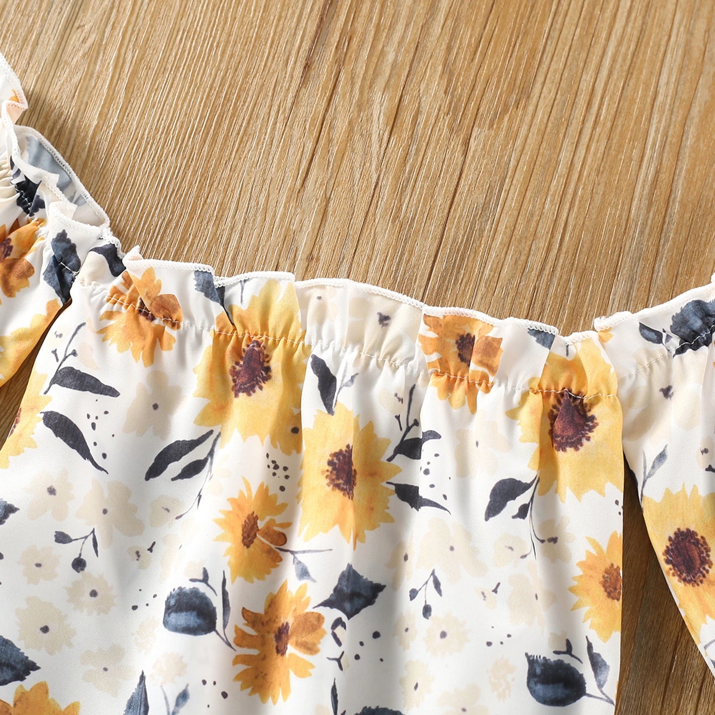 Newborn Baby Girl 2Pcs Summer Fashion Clothing Yellow Sunflower Bodysuit Denim Flared Pants